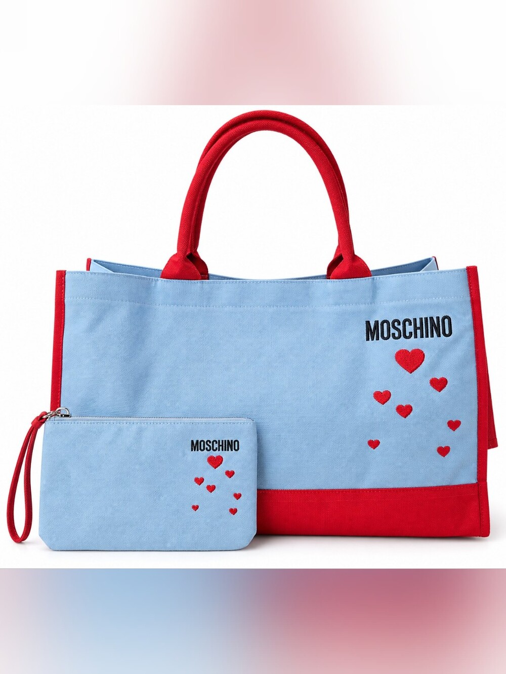 NWT Moschino Embroidered Hearts Tote Bag + Wristlet Unused Promotional Sample
